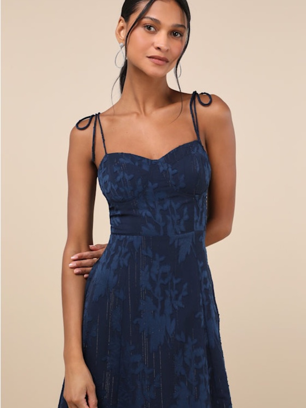 NWT Lulus Loveliest Looks Navy Blue Floral Jacquard Tie-Strap Midi Dress Size L - Picture 11 of 15